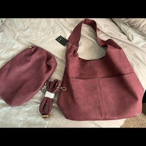 Faux Suede Hobo Handbag (Burgundy)